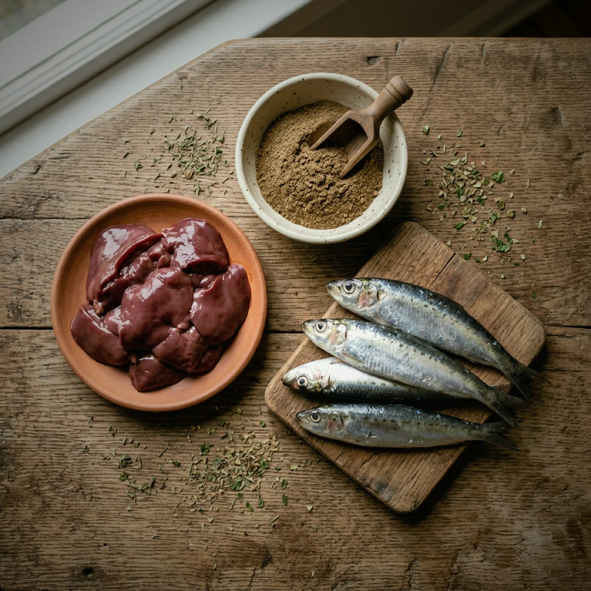The whole-food ingredients in The Daily-Dosey: fresh chicken liver, sardines and the ground powder